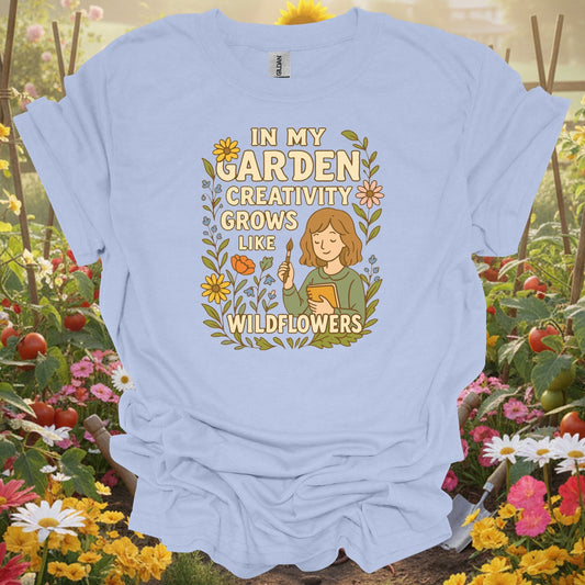 Light Blue tee showing in my garden creativity grows like wildflowers for plant lovers