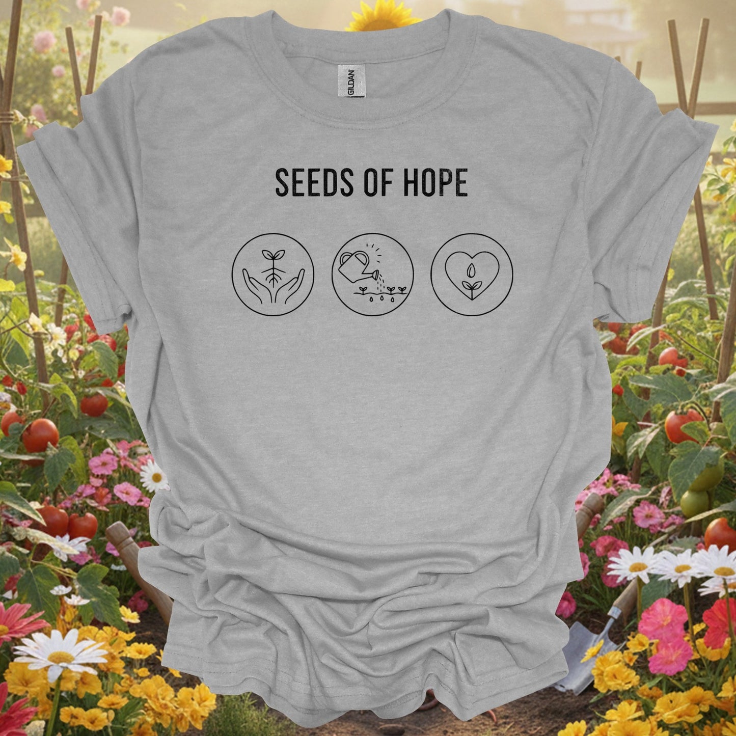 Inspirational Gardener Positive Message "Seeds of Hope" Minimalist Planting T-Shirt - GardeningTshirts