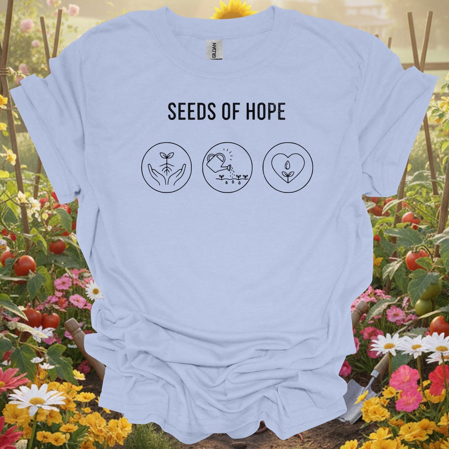 Inspirational Gardener Positive Message "Seeds of Hope" Minimalist Planting T-Shirt - GardeningTshirts