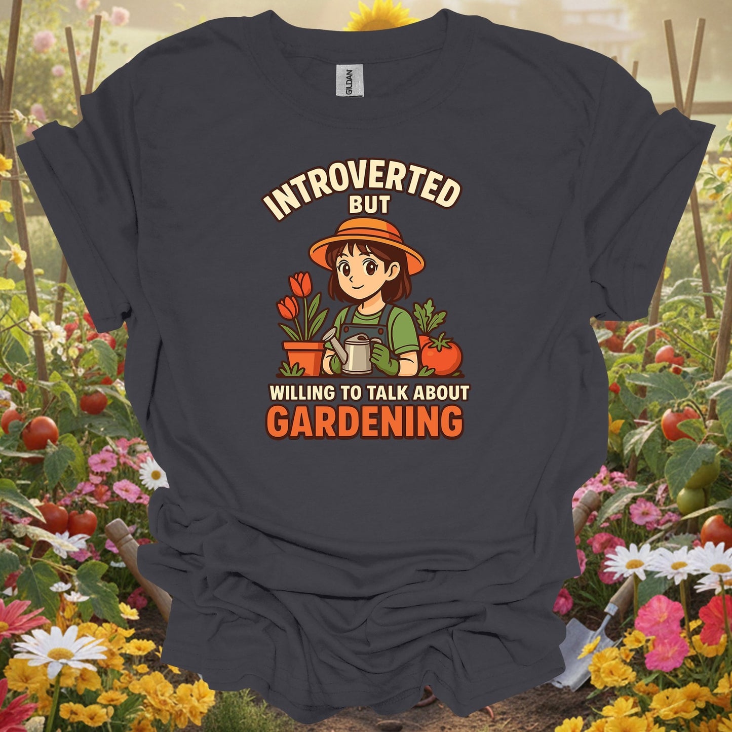 Charcoal tee showing introverted willing to talk gardening anime for plant lovers