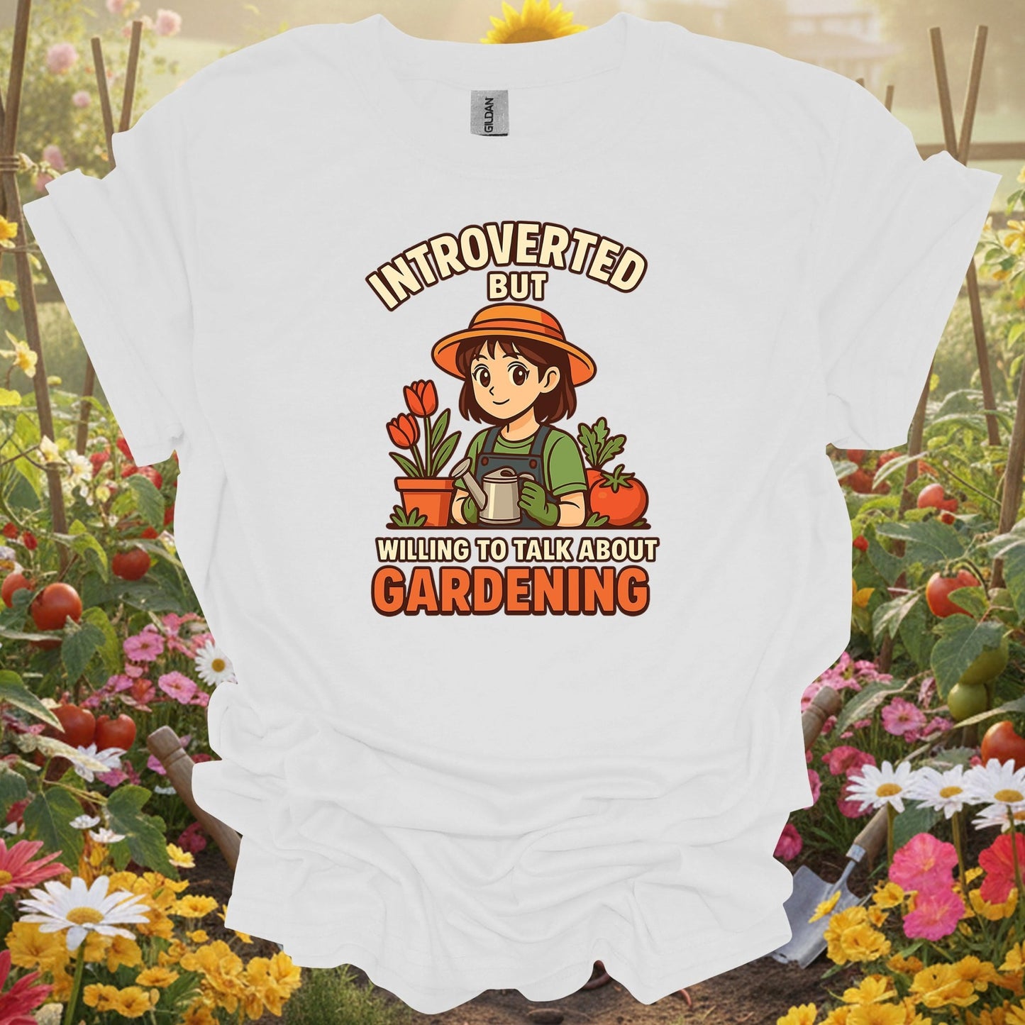 White tshirt showing introverted willing to talk gardening anime for gardening enthusiasts