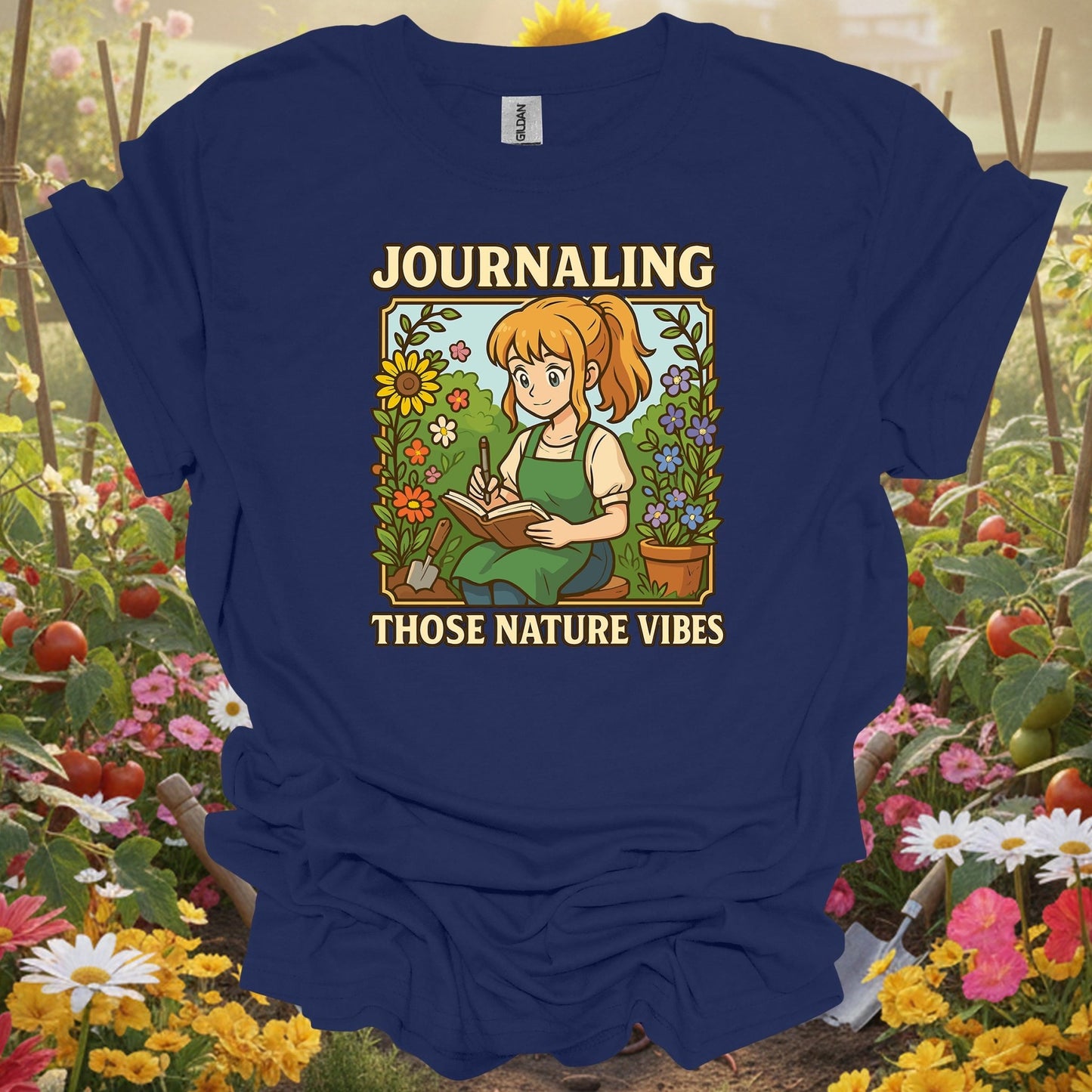 Navy shirt showing journaling those nature vibes anime for home gardeners