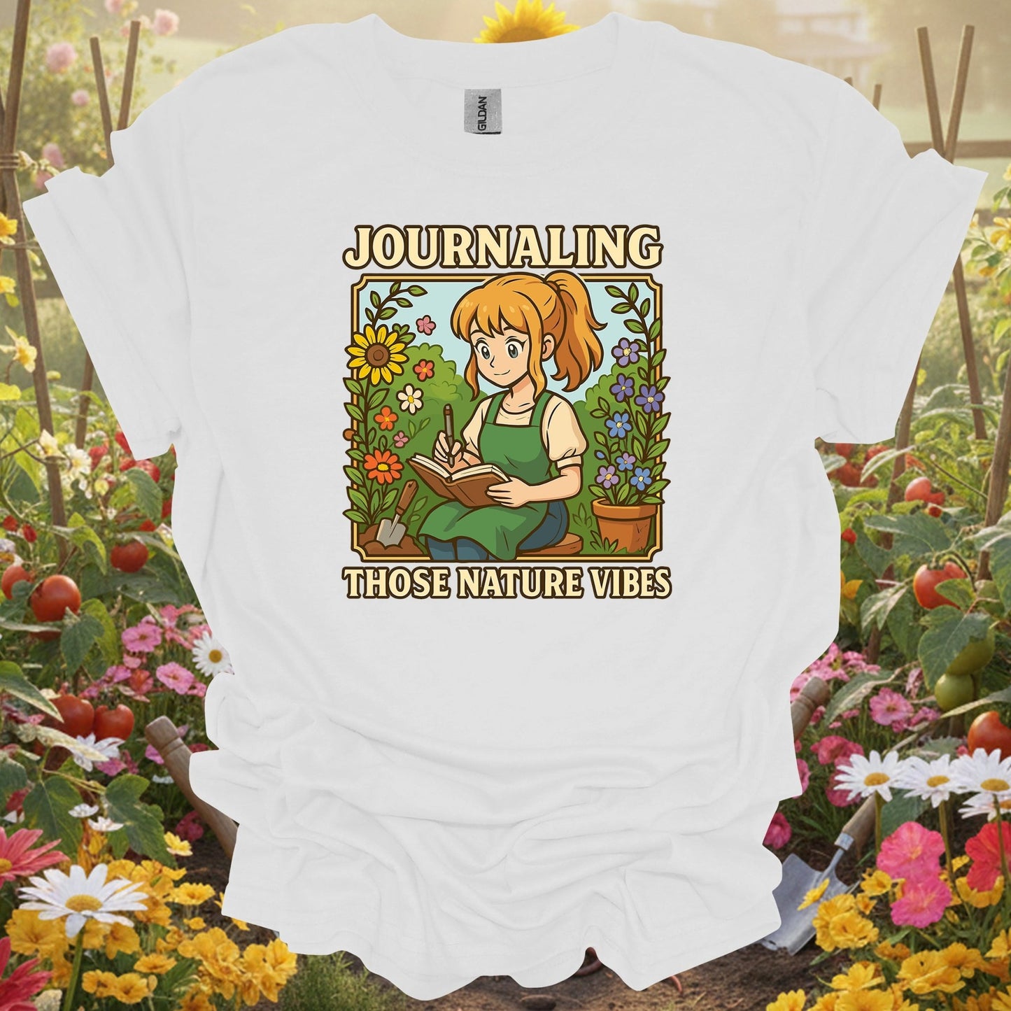 White tee showing journaling those nature vibes anime for garden hobbyists