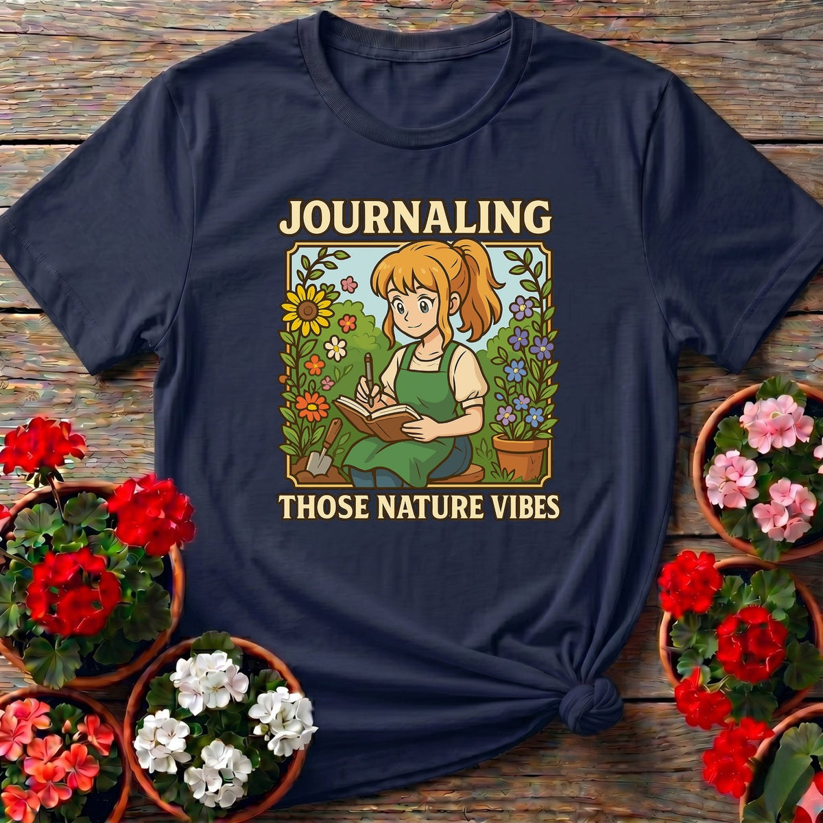 Navy cozy illustrated shirt with "Journaling Those Nature Vibes" for garden and journal enthusiasts