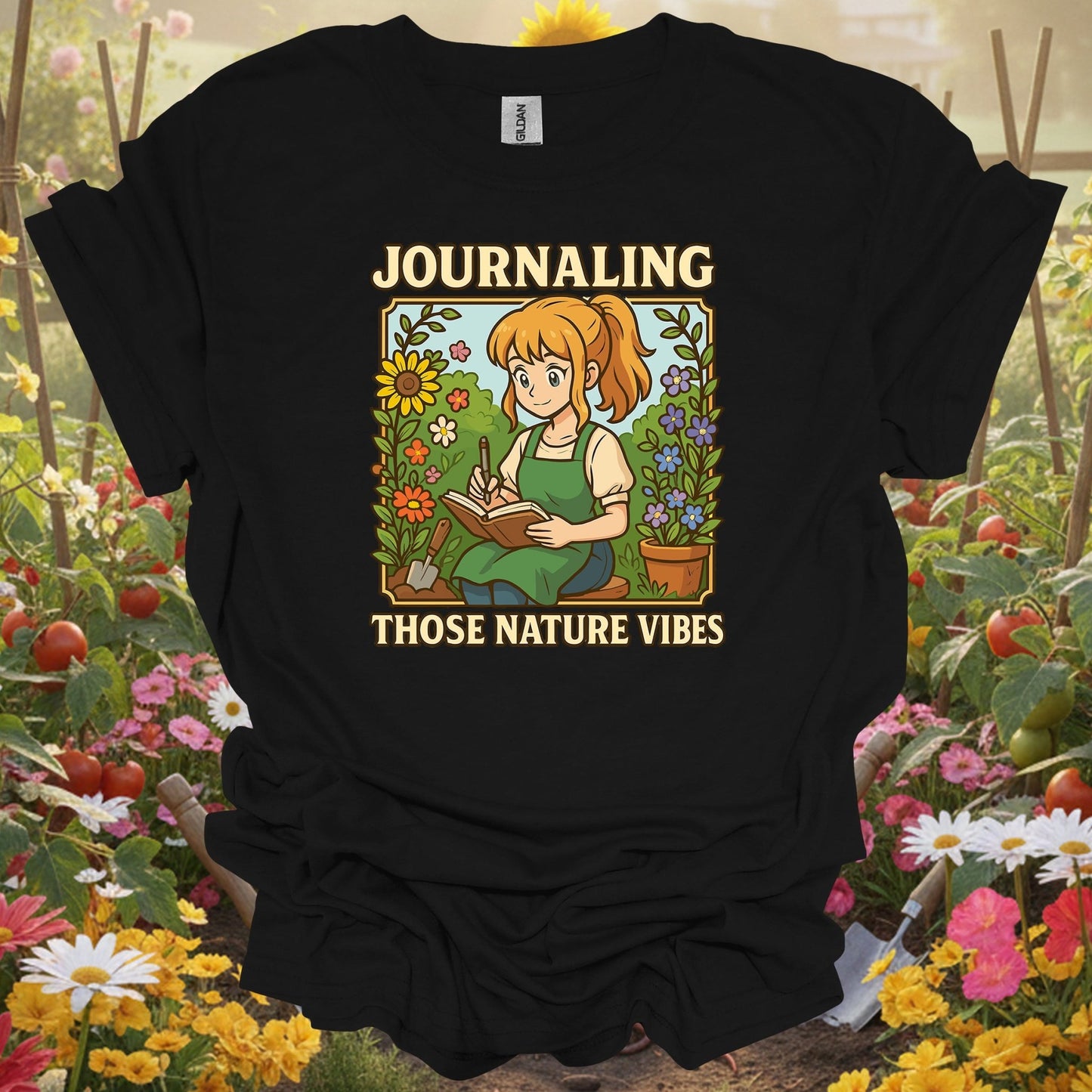 Black shirt showing journaling those nature vibes anime for outdoor enthusiasts