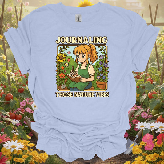 Light Blue tshirt showing journaling those nature vibes anime for gardening enthusiasts