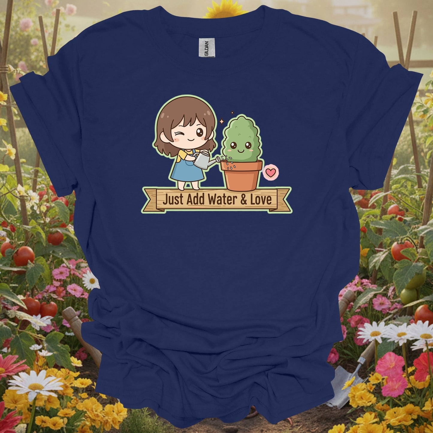 Navy tshirt showing a charming kawaii-style character who knows the secret to a happy garden for listeners hearing bird songs and rustling leaves