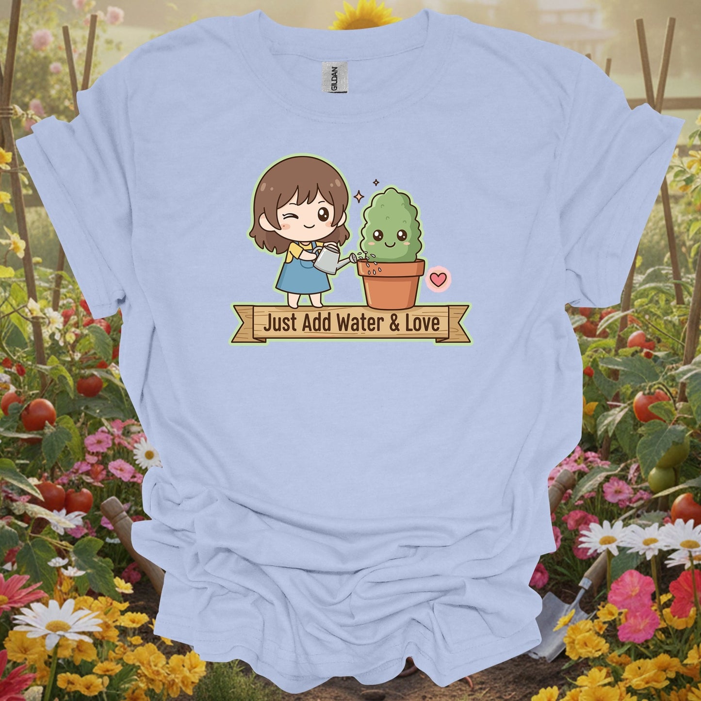 LIght blue tshirt showing a charming kawaii-style character who knows the secret to a happy garden for listeners hearing bird songs and rustling leaves
