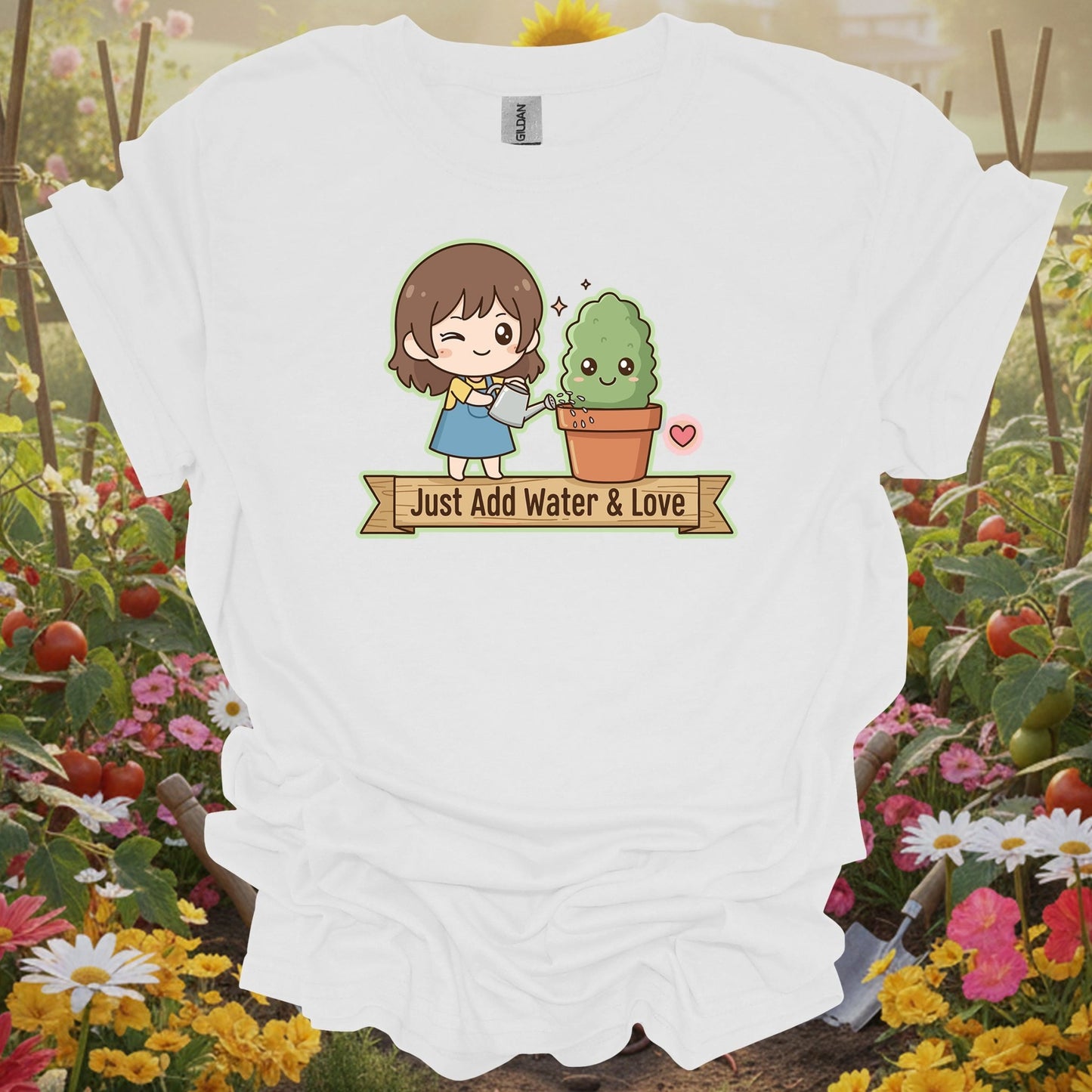 White tshirt showing a charming kawaii-style character who knows the secret to a happy garden for listeners hearing bird songs and rustling leaves