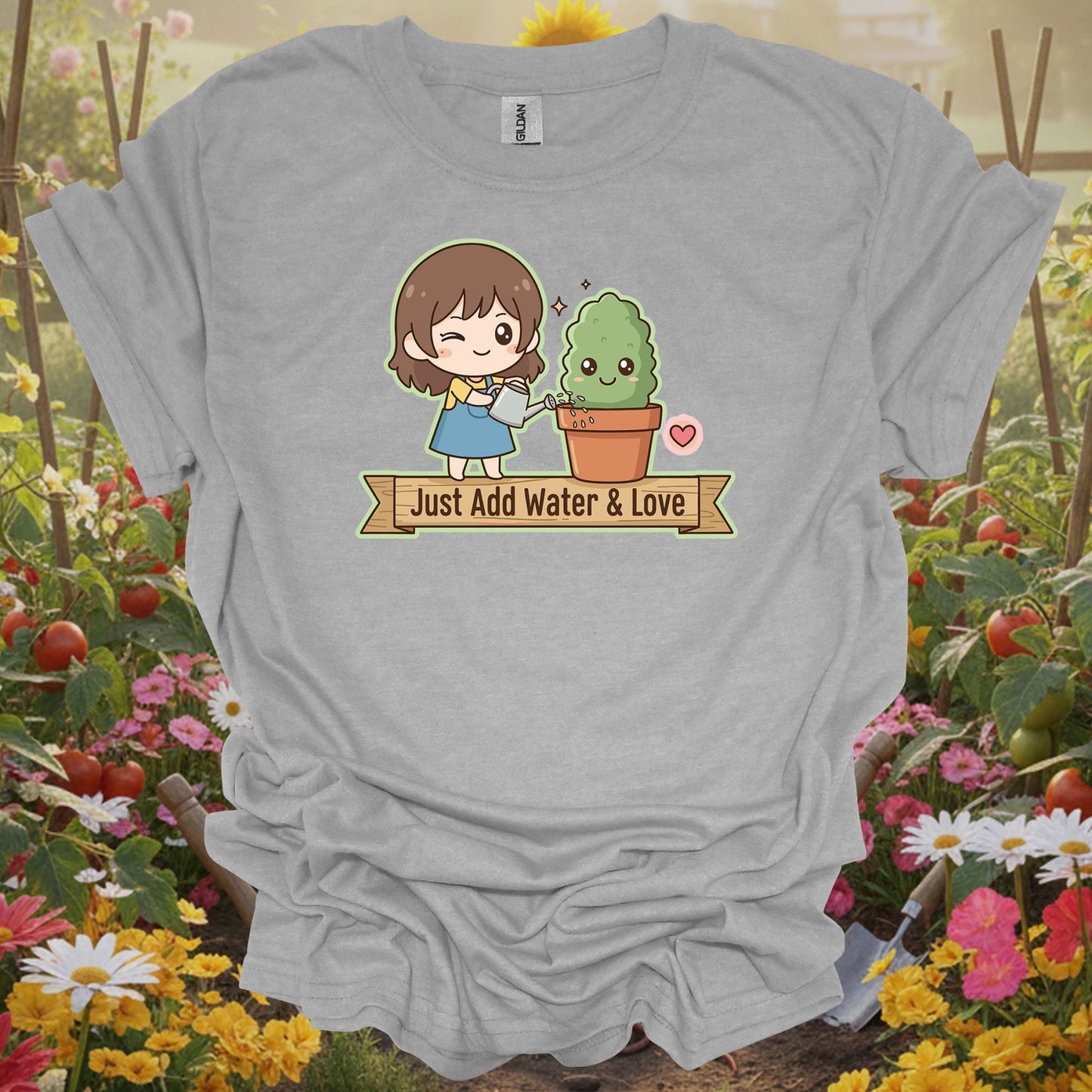 Sport gray tshirt showing a charming kawaii-style character who knows the secret to a happy garden for listeners hearing bird songs and rustling leaves