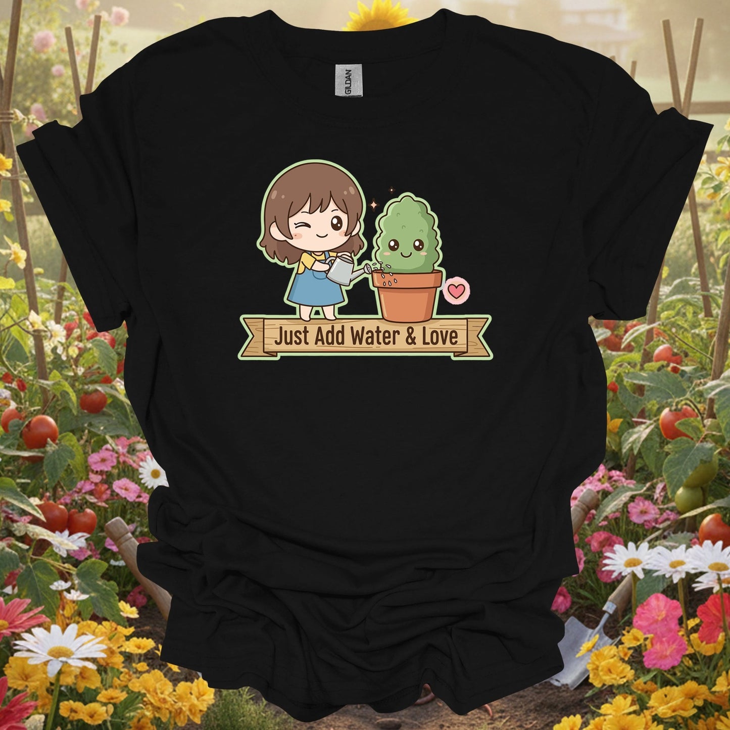 Black tshirt showing a charming kawaii-style character who knows the secret to a happy garden for listeners hearing bird songs and rustling leaves