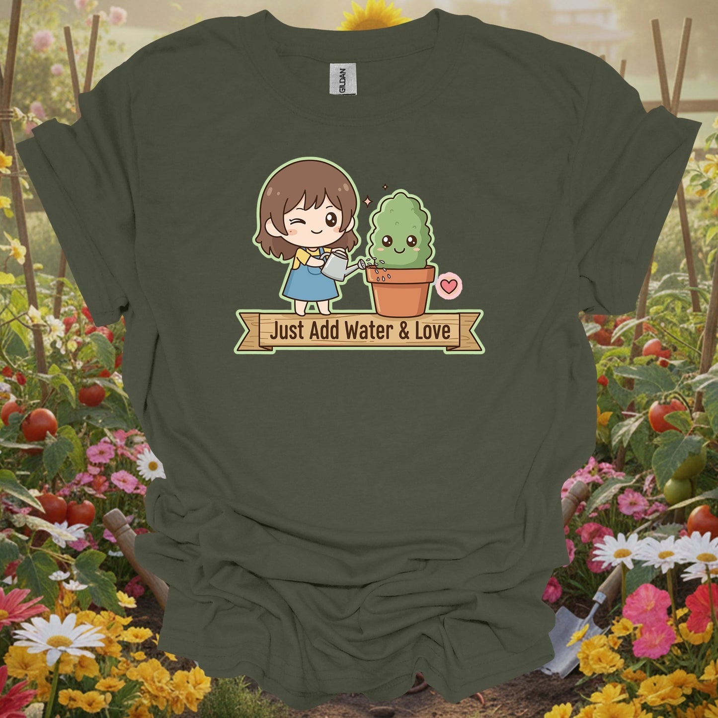 Military green tshirt showing a charming kawaii-style character who knows the secret to a happy garden for listeners hearing bird songs and rustling leaves