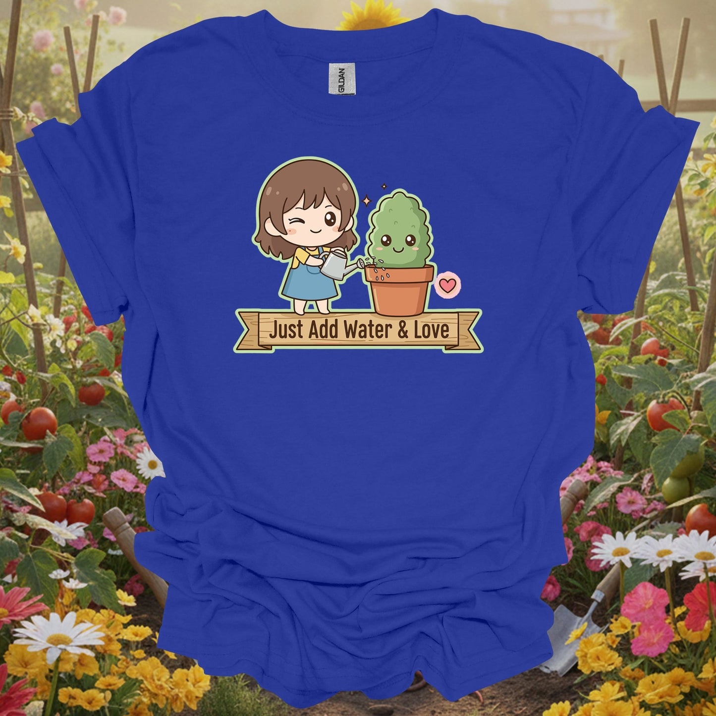 Royal tshirt showing a charming kawaii-style character who knows the secret to a happy garden for listeners hearing bird songs and rustling leaves