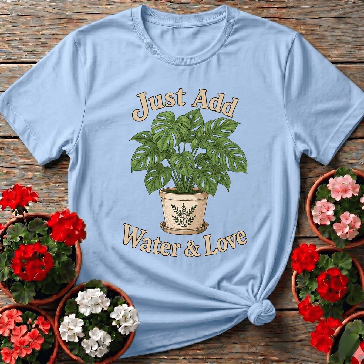 Light Blue vintage botanical plant top "Just Add Water & Love" for the dedicated plant parent