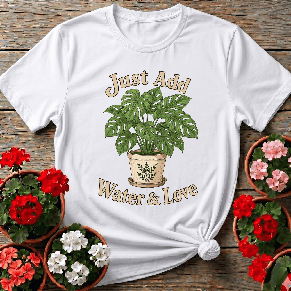 White vintage botanical monstera t-shirt "Just Add Water & Love" for indoor plant collectors