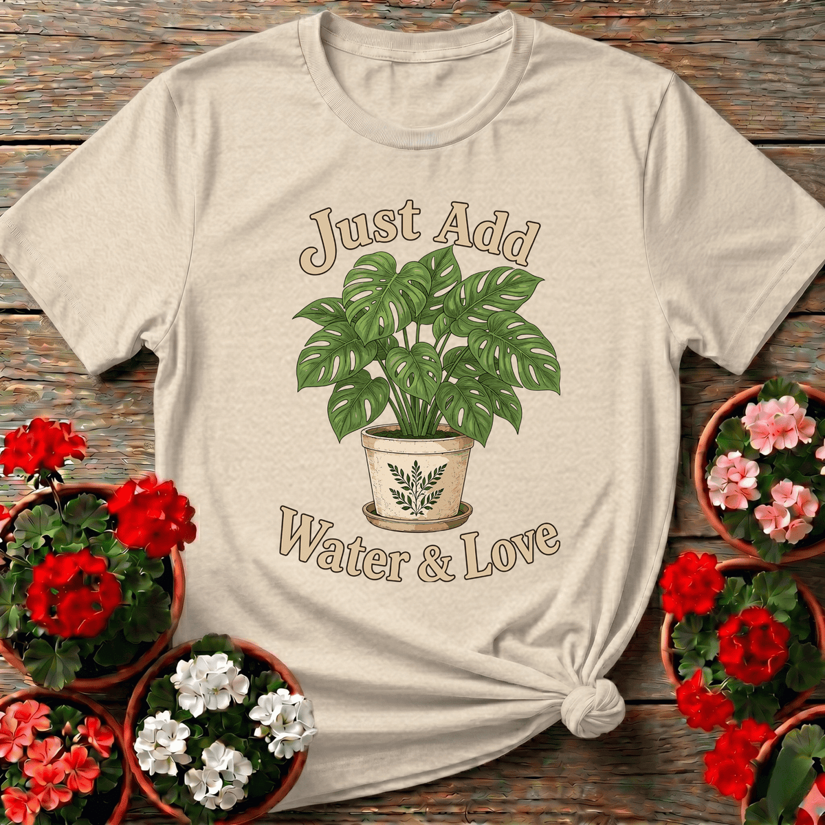 Natural cottagecore ceramic pot plant shirt "Just Add Water & Love" for slow-living plant lovers