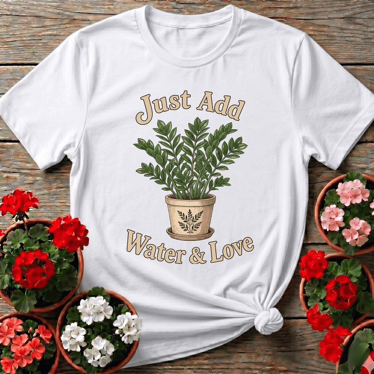 White vintage terracotta pot ZZ plant shirt "Just Add Water & Love" for houseplant lovers