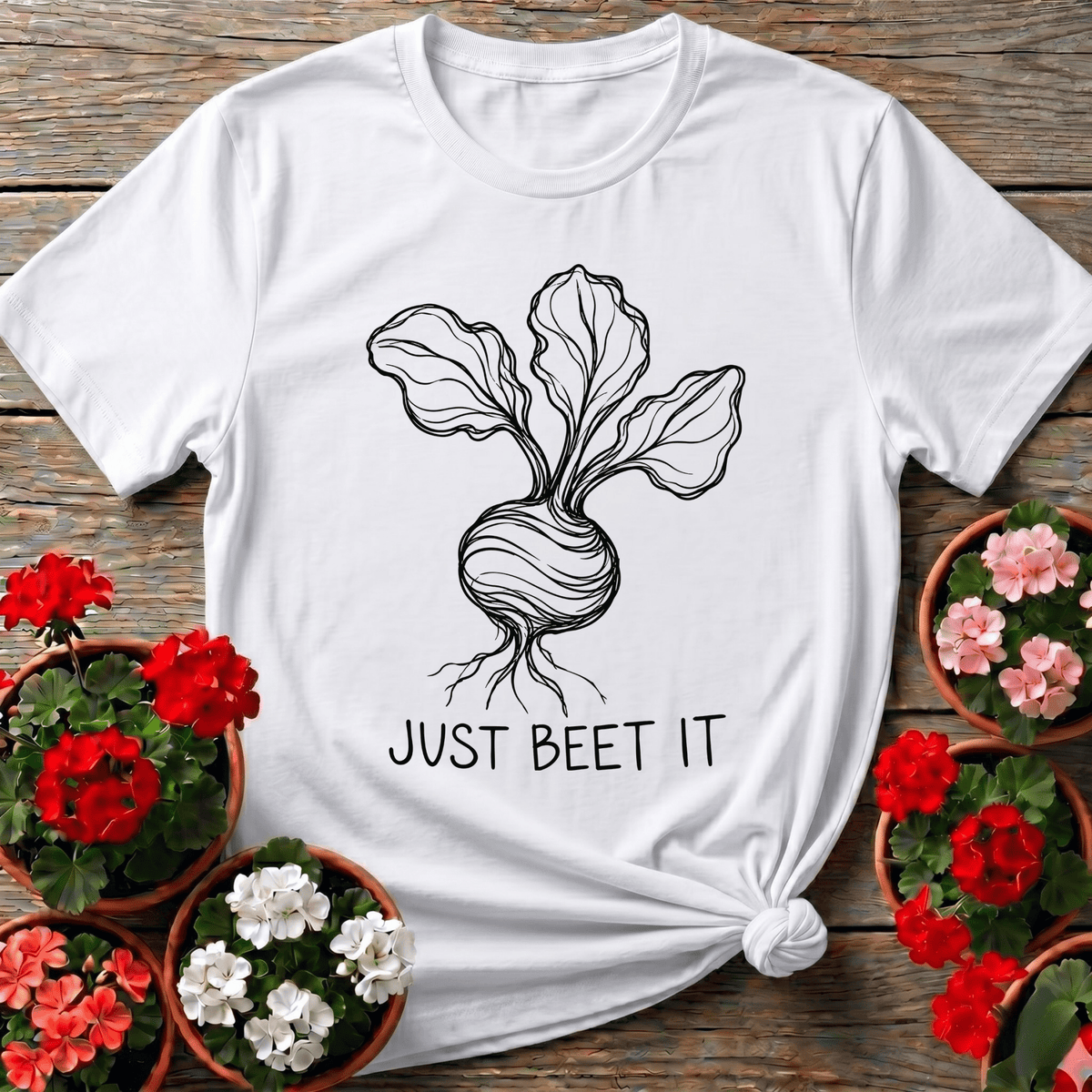 White botanical line-art beet shirt with "Just Beet It" for gardeners with a dry sense of humor