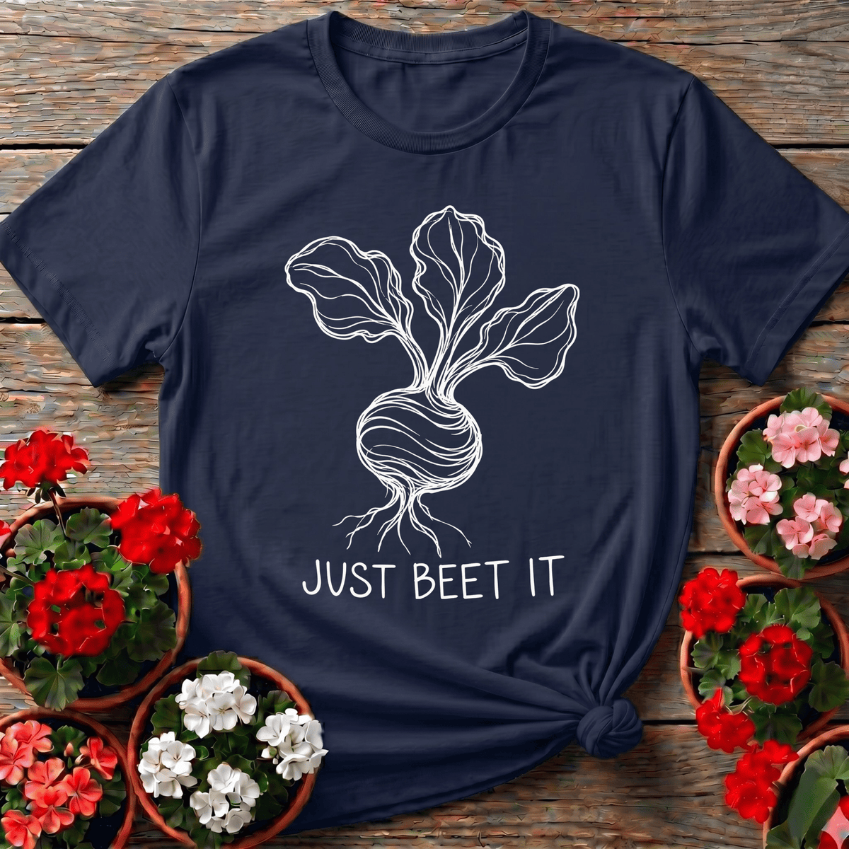Navy minimalist vegetable garden tee with "Just Beet It" for beet growers and plant lovers