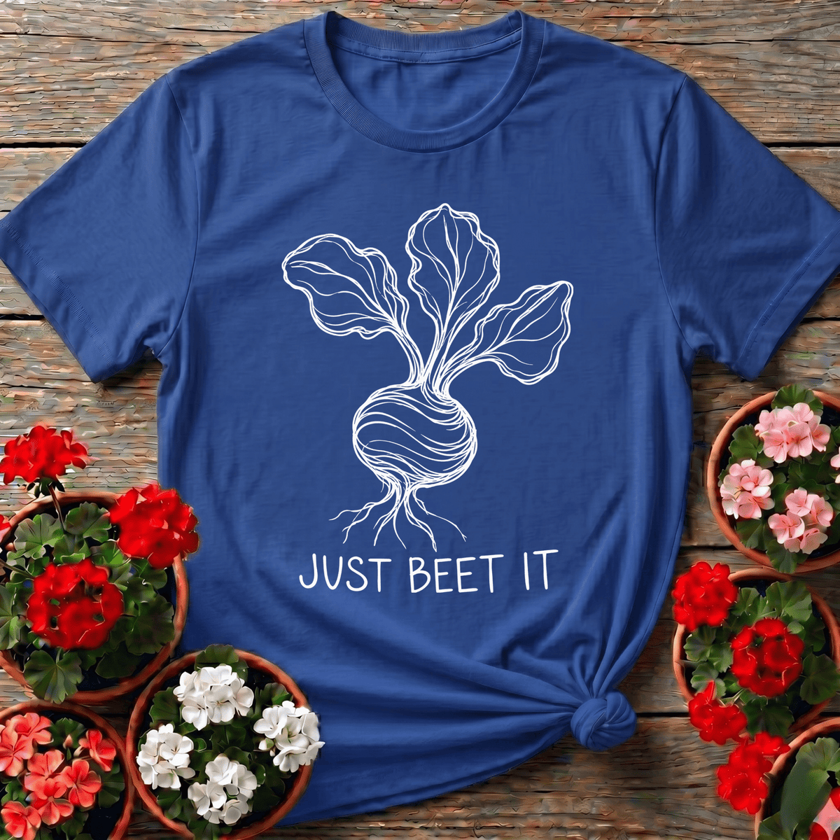 Royal single-stroke illustration gardening shirt with "Just Beet It" for relaxed vegetable gardeners