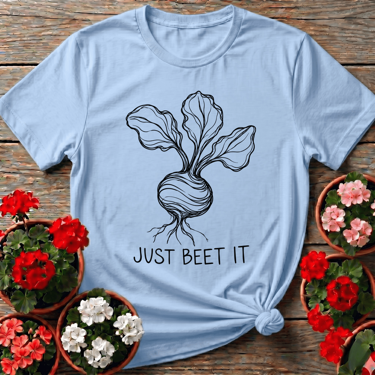 Light Blue casual minimalist beet t-shirt with "Just Beet It" for gardeners who keep trying