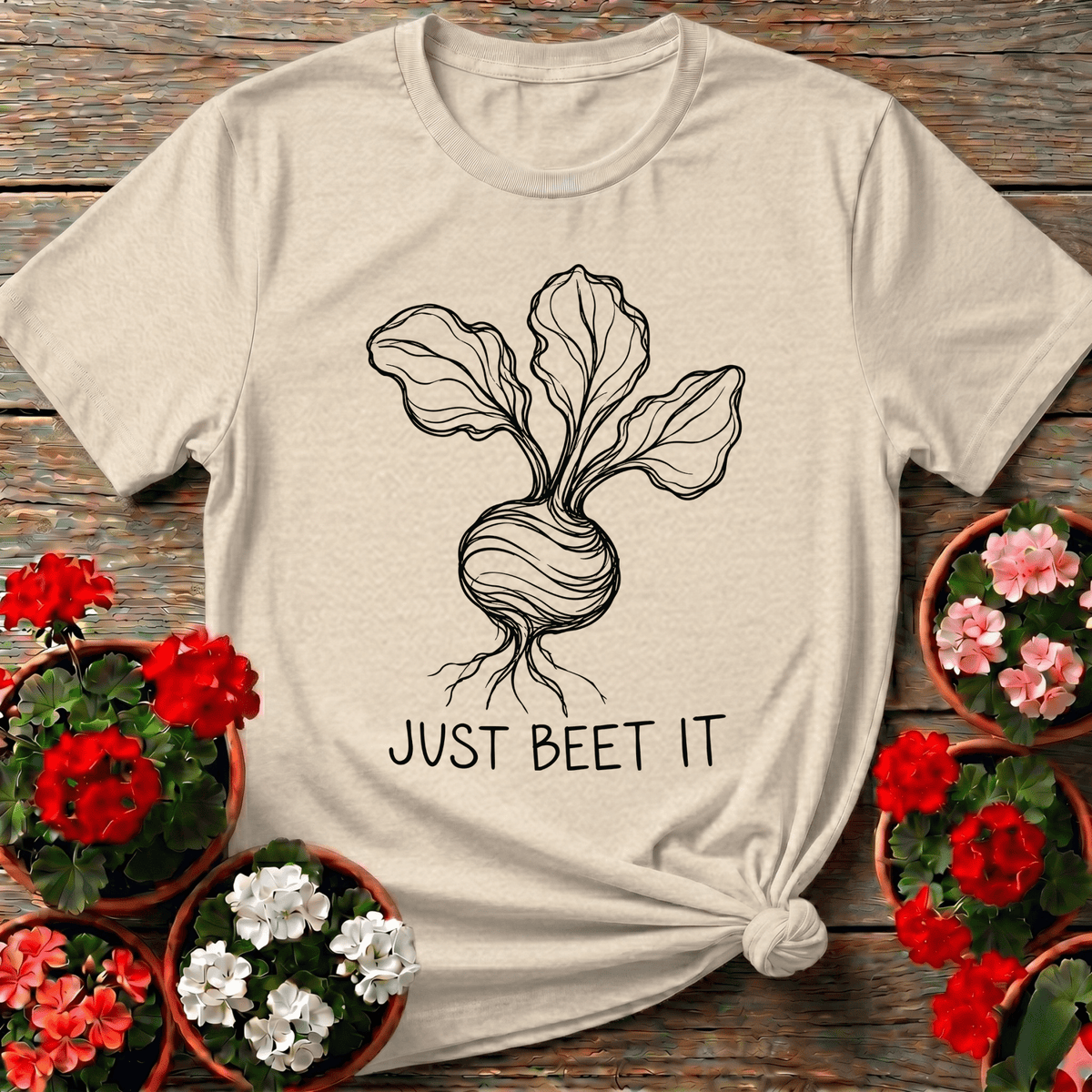 Natural rustic botanical beet shirt with "Just Beet It" for slow-living vegetable gardeners