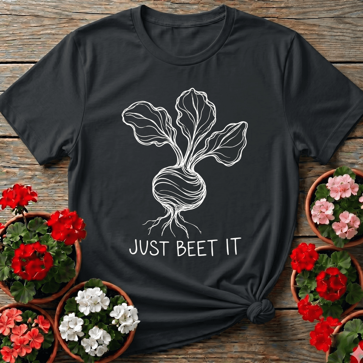 Black minimalist line art gardening tee with "Just Beet It" for vegetable gardeners