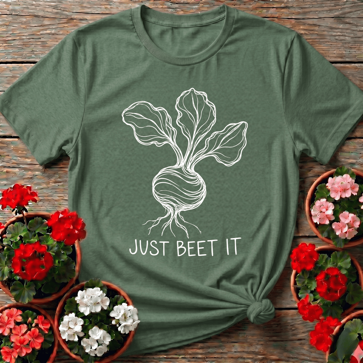 Military Green earthy line-art vegetable gardening top with "Just Beet It" for root vegetable fans