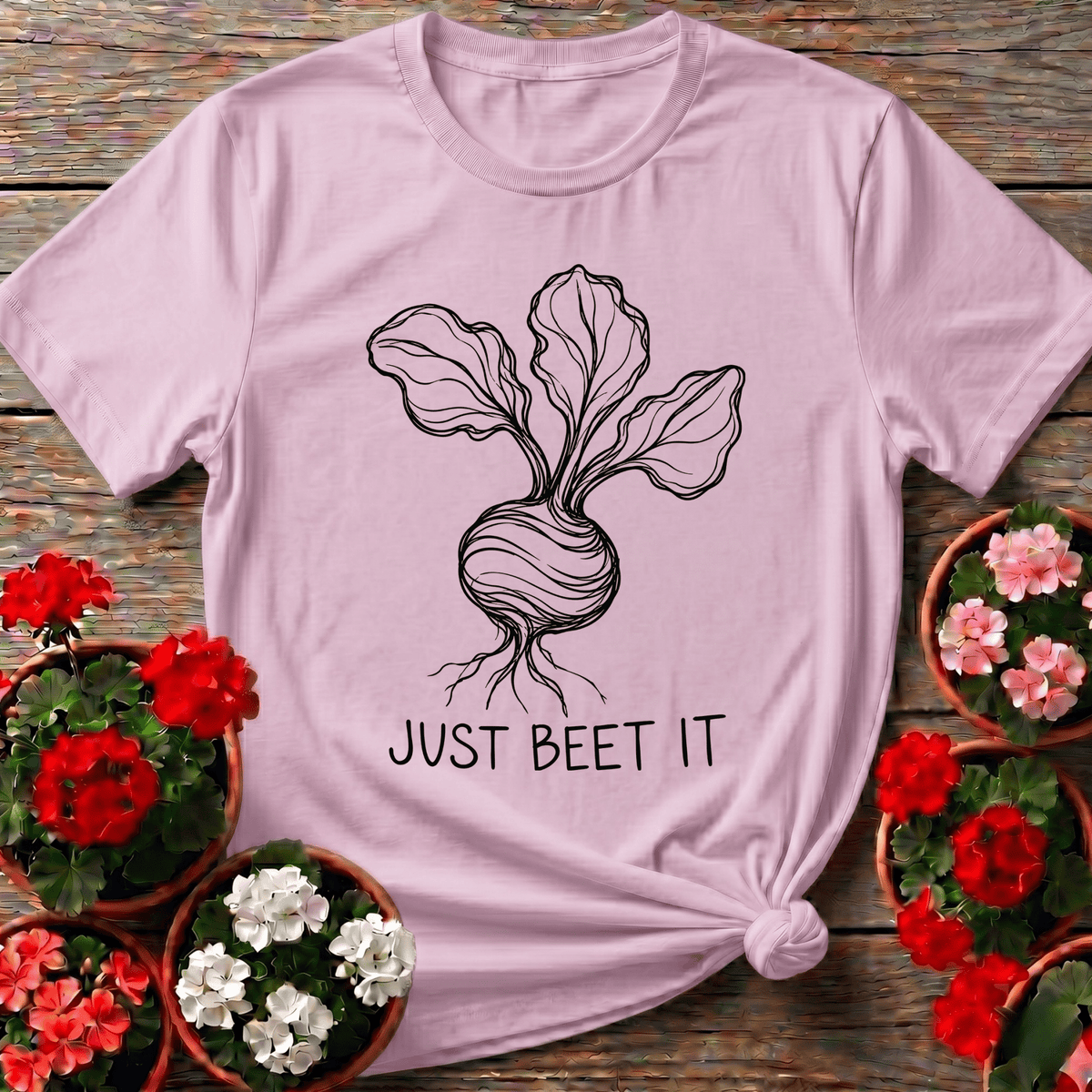 Light Pink soft minimalist gardening tee with "Just Beet It" for beet lovers and garden enthusiasts