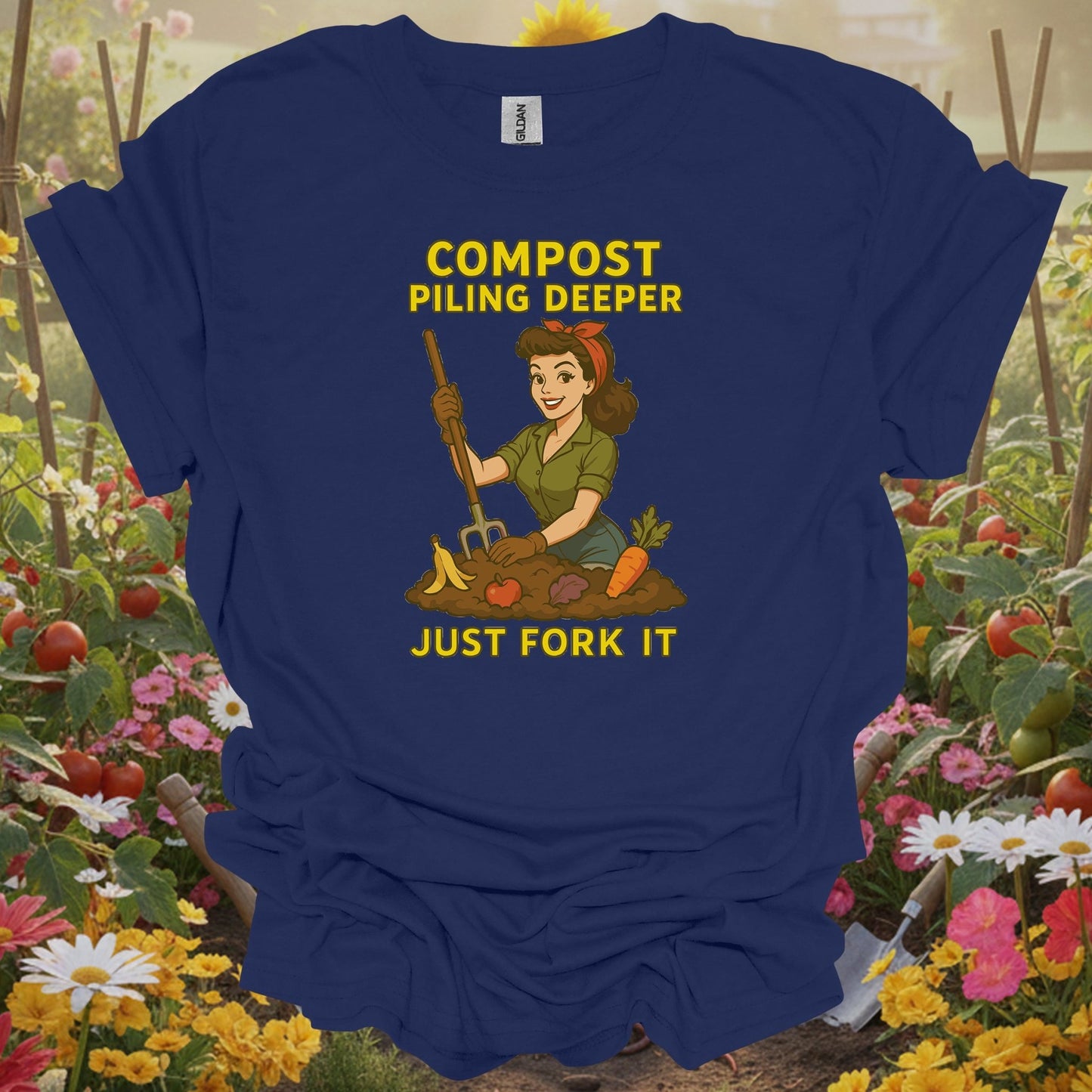Navy tshirt showing retro pinup gardener with just fork it composting message for composters