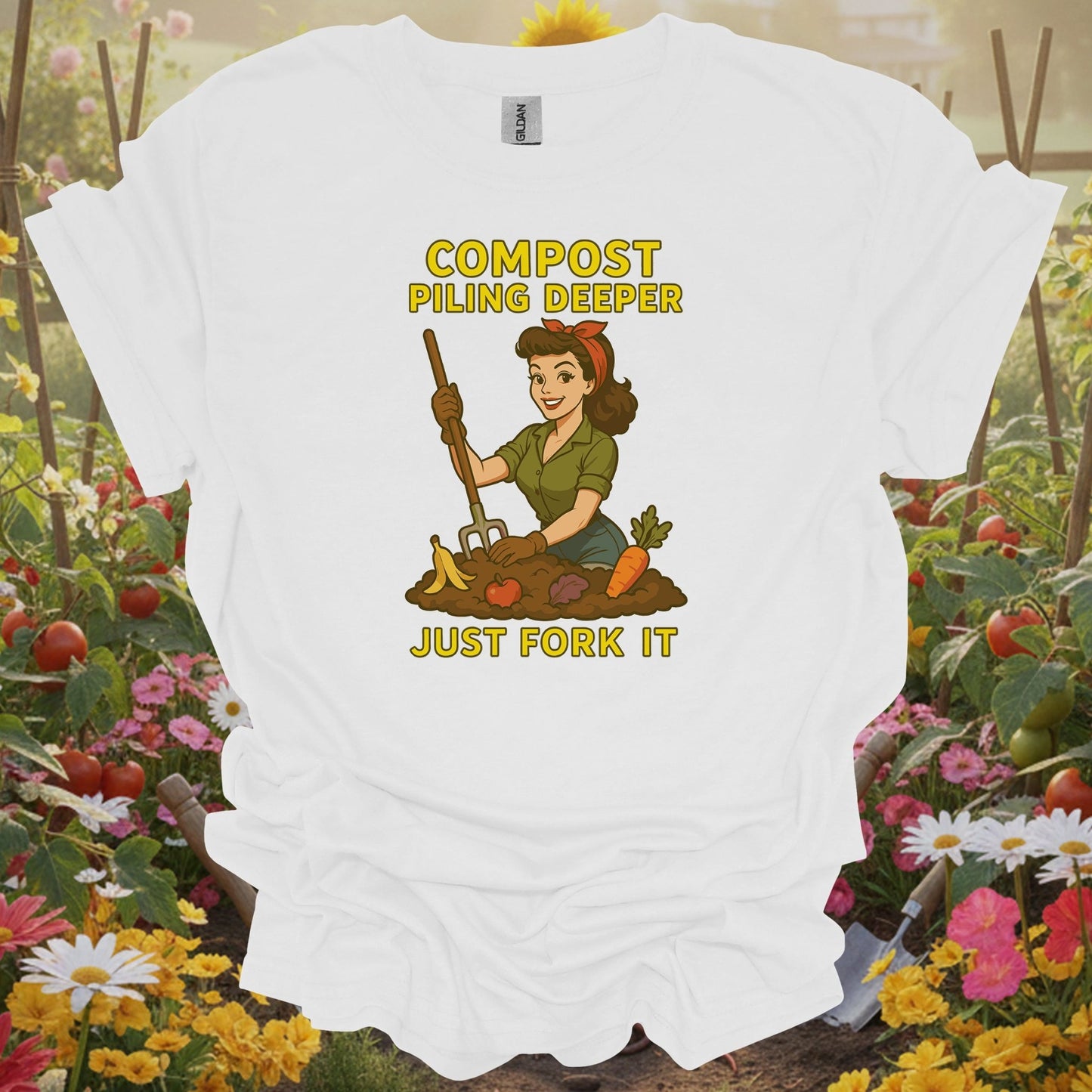 White tee showing retro pinup gardener with just fork it composting message for vintage style gardeners