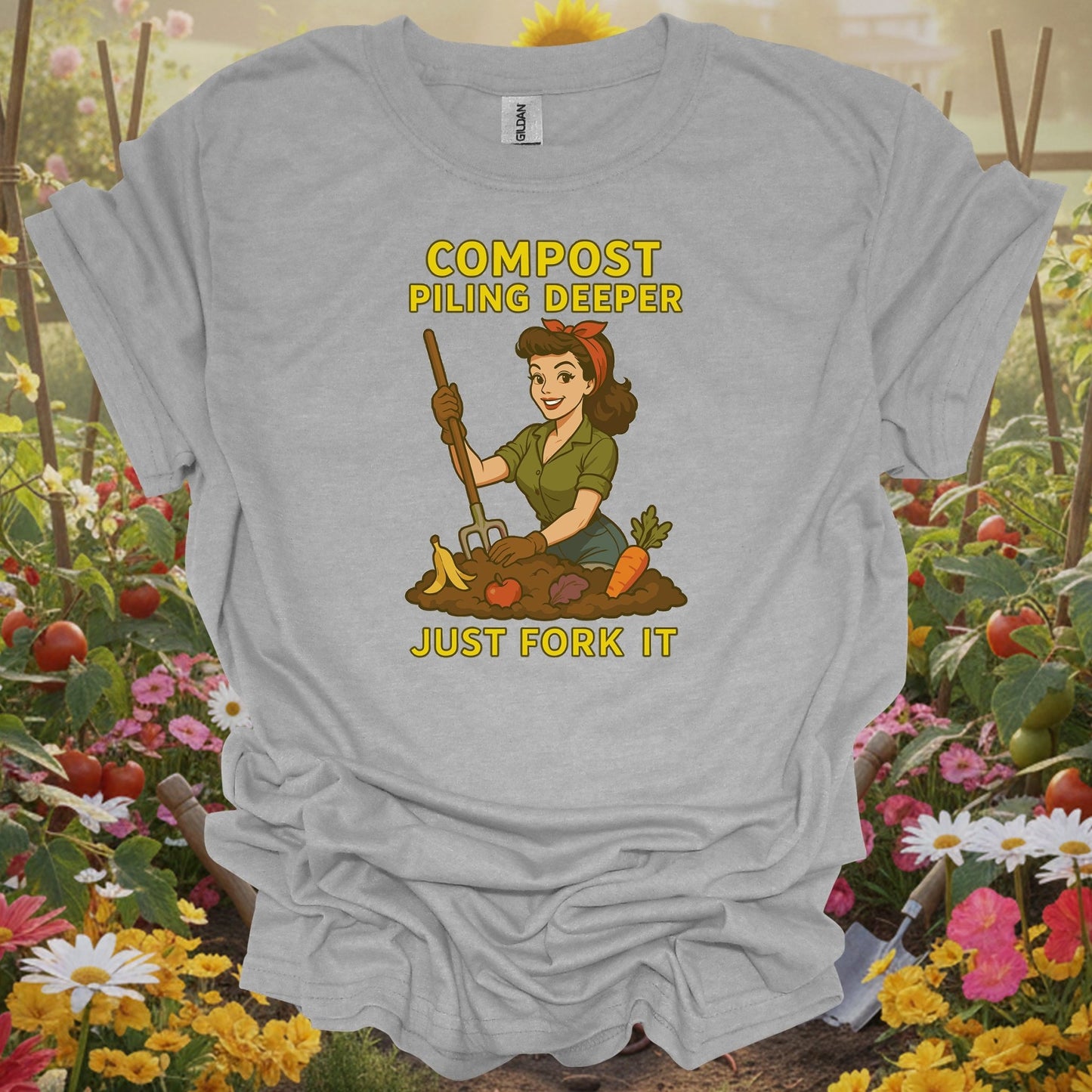 Sport Grey tshirt showing retro pinup gardener with just fork it composting message for people who just fork it