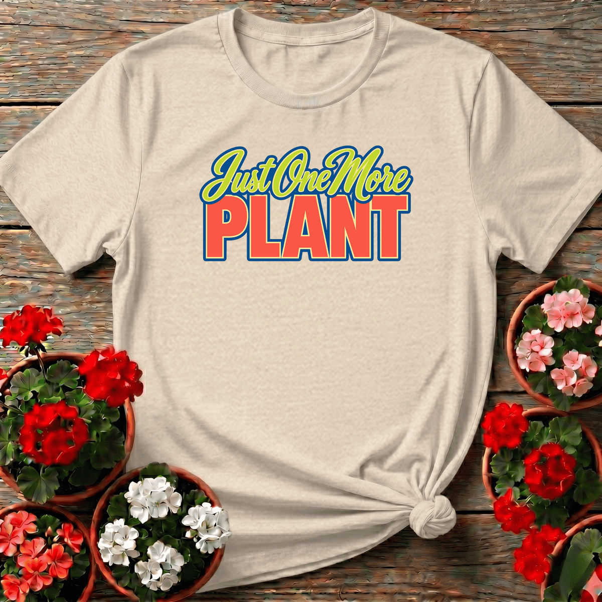 Natural sun-faded retro style gardening shirt with playful block lettering for plant collectors