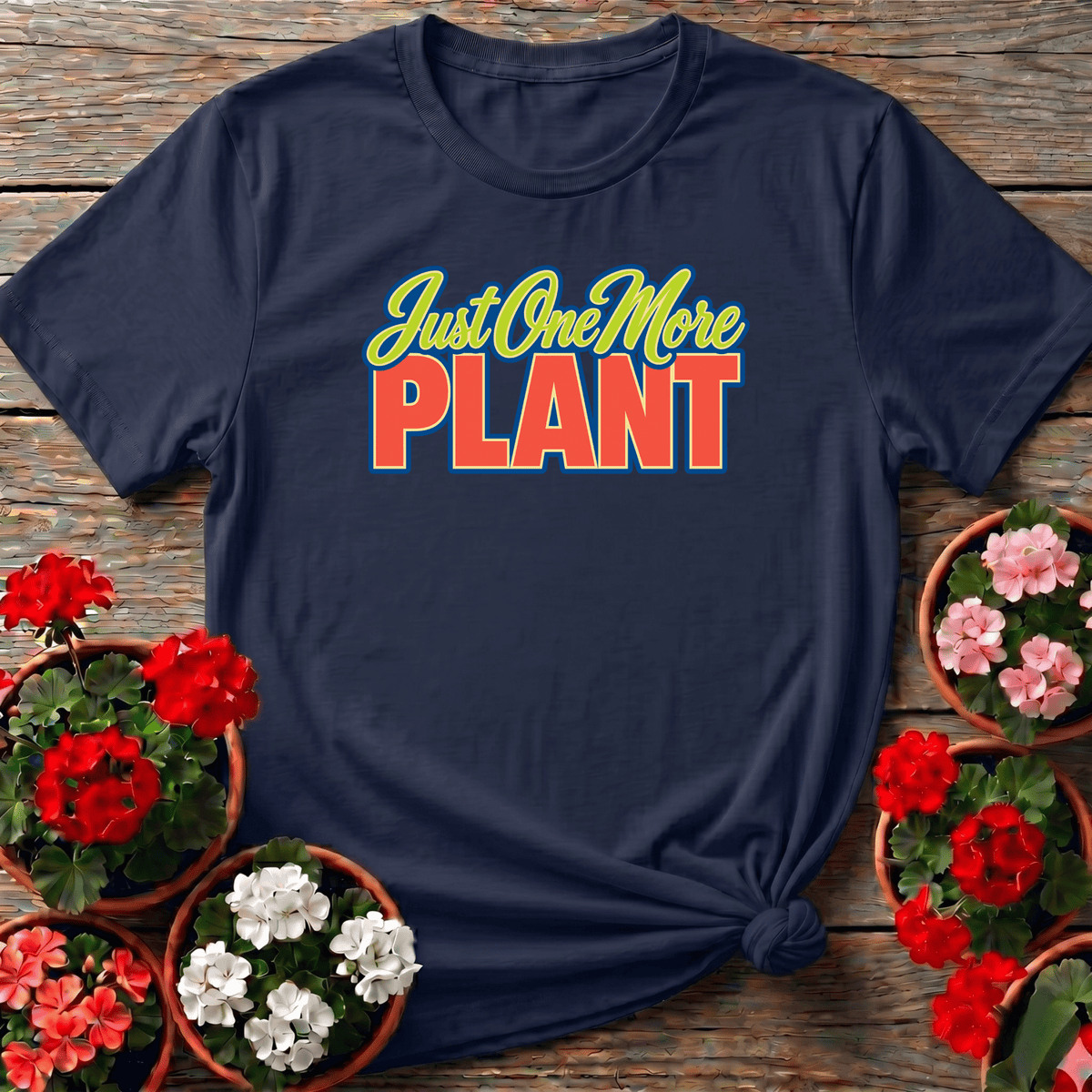 Navy cheerful retro gardening t-shirt with "Just One More Plant" for nursery enthusiasts