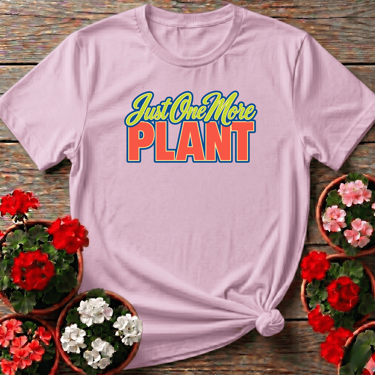 Light Pink cheerful vintage-inspired funny plant lover tee with "Just One More Plant" saying