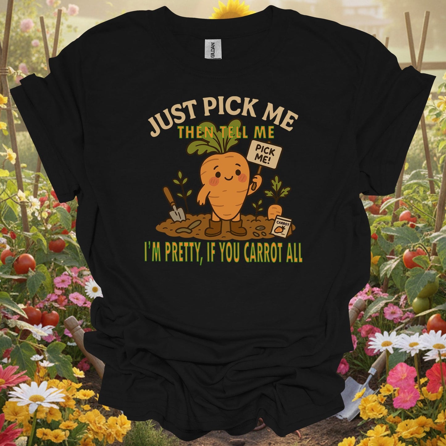 Black shirt showing just pick me if you carrot all funny pun for outdoor enthusiasts