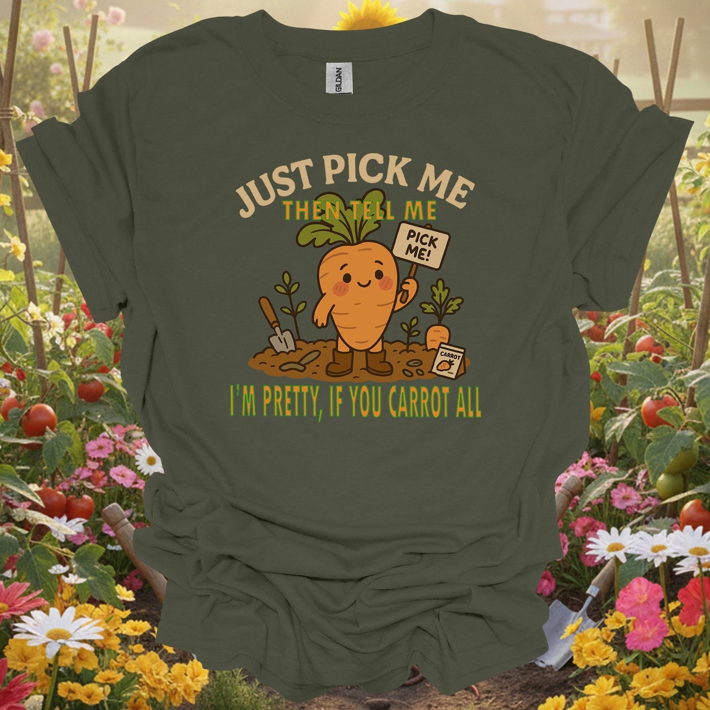 Military Green top showing just pick me if you carrot all funny pun for nature lovers