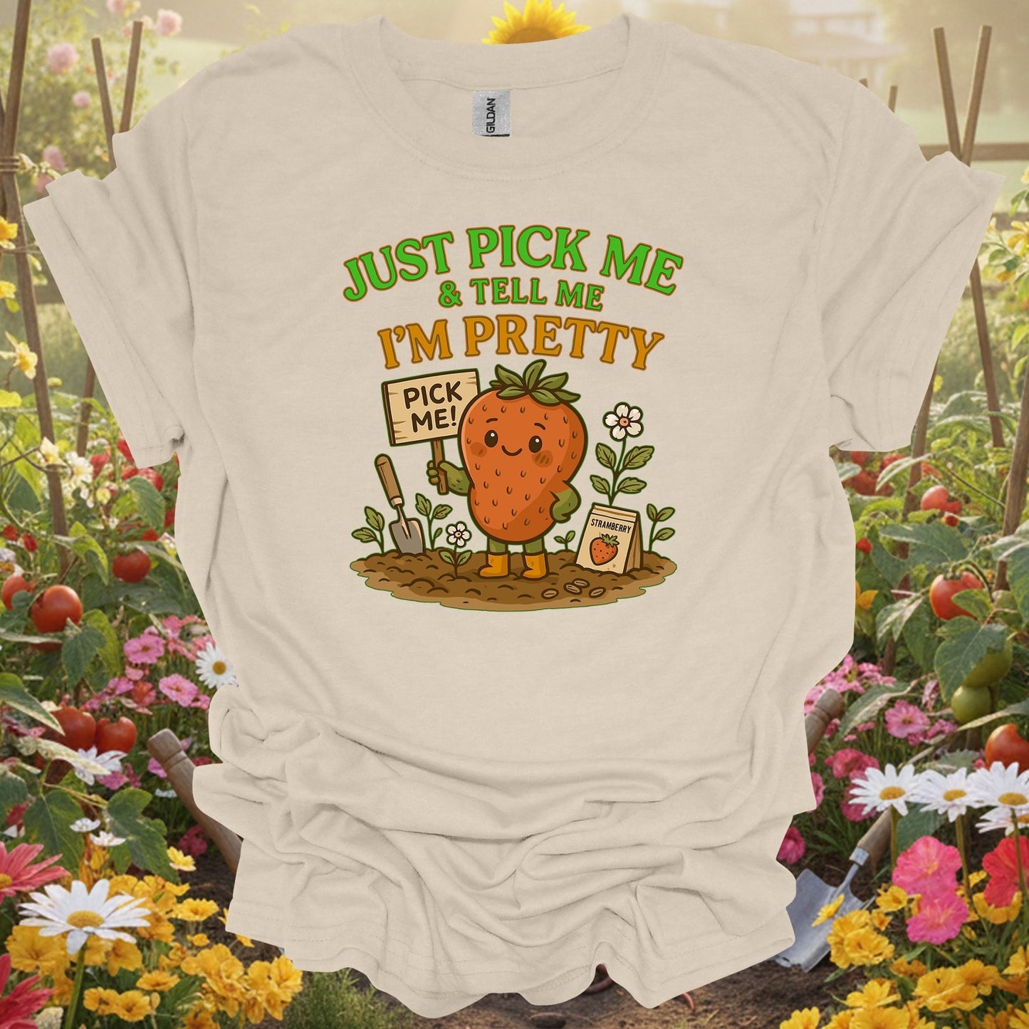Natural tshirt showing pick me i'm pretty cute strawberry for people who love plants