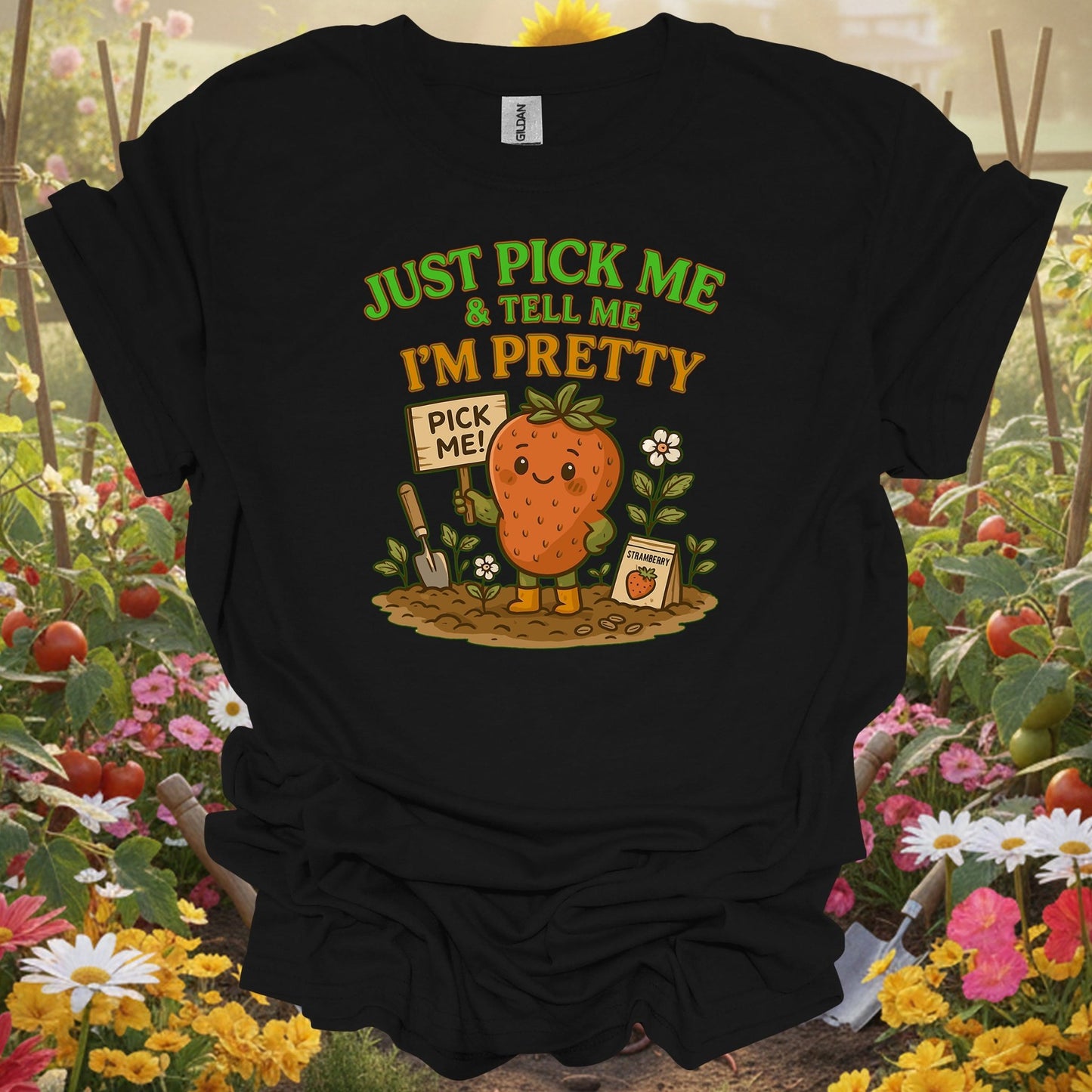 Black shirt showing pick me i'm pretty cute strawberry for outdoor enthusiasts