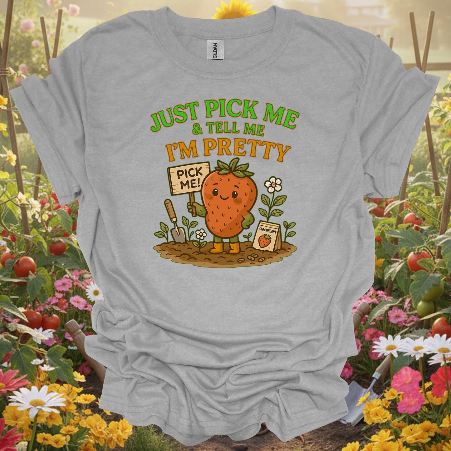 Sport Grey tshirt showing pick me i'm pretty cute strawberry for backyard growers