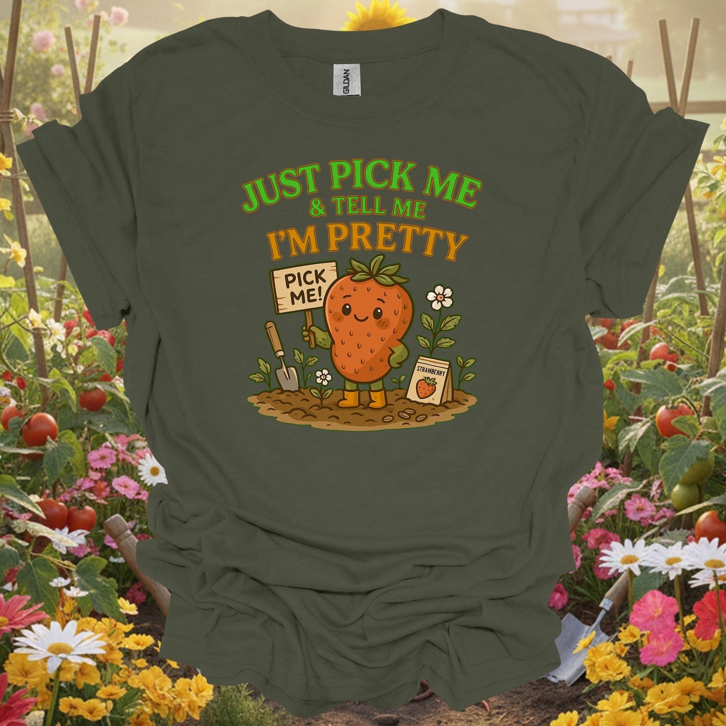 Military Green top showing pick me i'm pretty cute strawberry for nature lovers