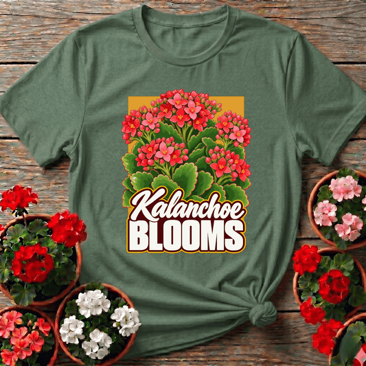 Military Green bold retro kalanchoe blooms gardening apparel with lush succulent illustration for plant enthusiasts