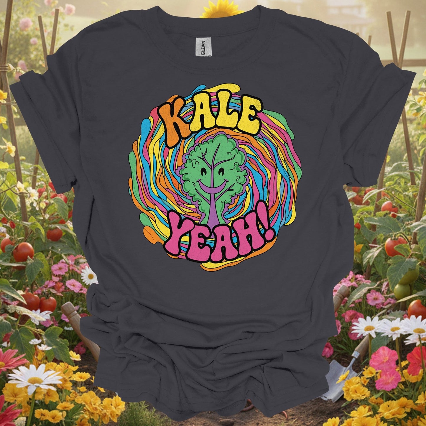 Charcoal tee showing kale yeah psychedelic groovy for plant lovers