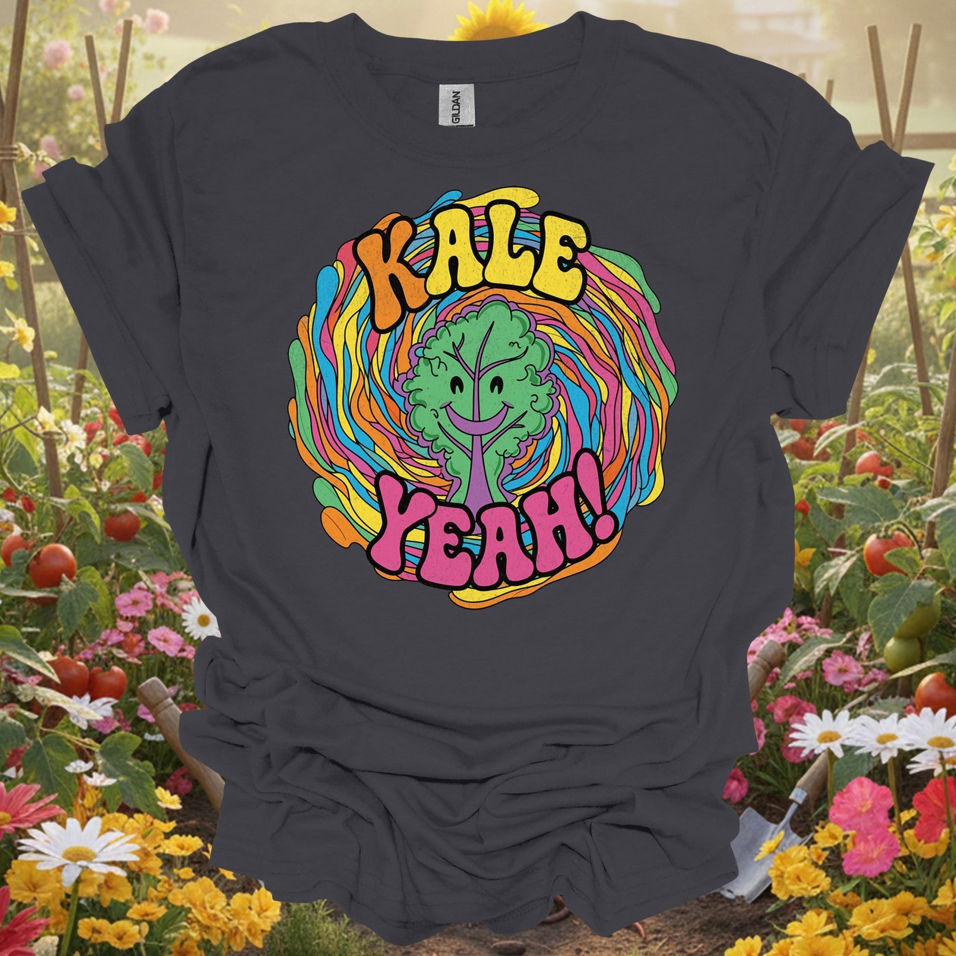 Charcoal tee showing kale yeah psychedelic groovy for plant lovers