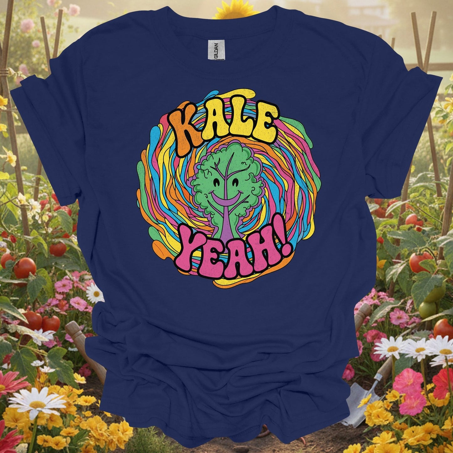 Navy top showing kale yeah psychedelic groovy for green thumb folks