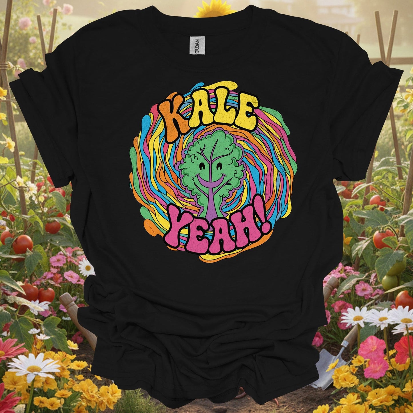 Black shirt showing kale yeah psychedelic groovy for outdoor enthusiasts
