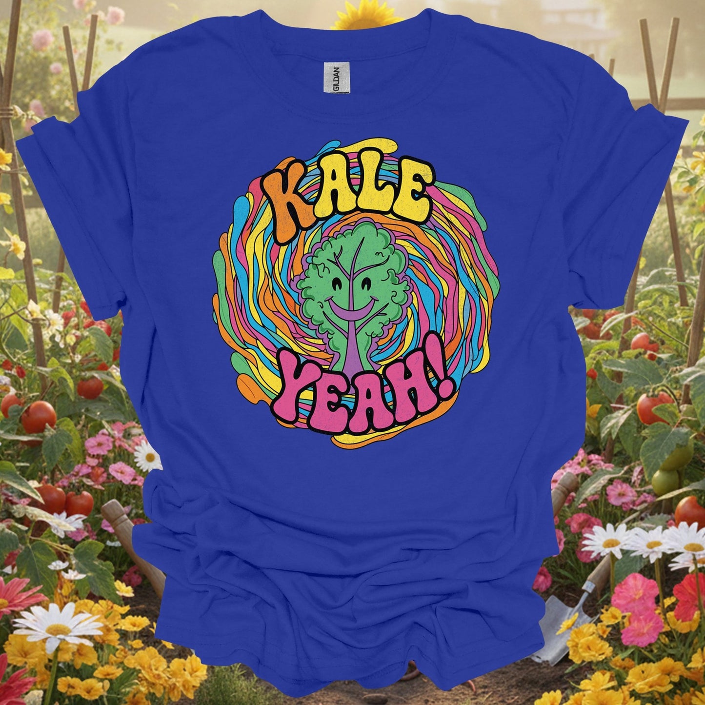 Royal tshirt showing kale yeah psychedelic groovy for backyard growers