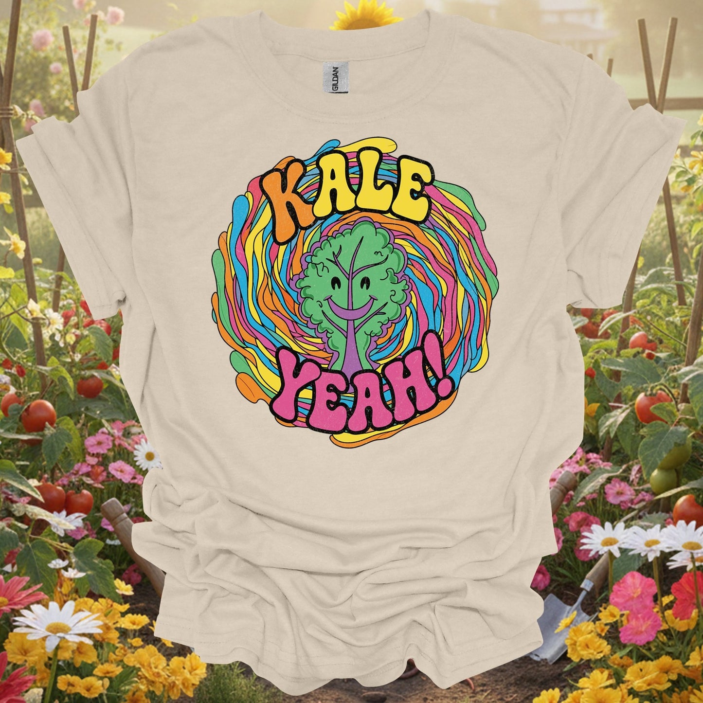 Natural tshirt showing kale yeah psychedelic groovy for people who love plants