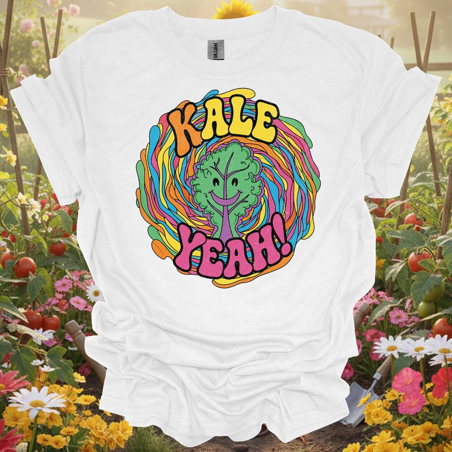 White tshirt showing kale yeah psychedelic groovy for gardening enthusiasts