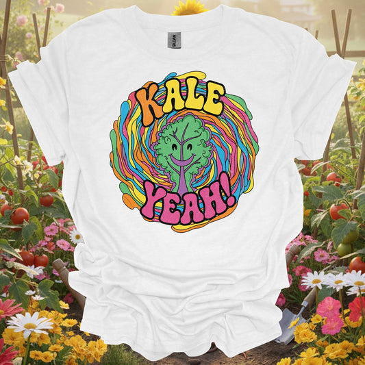 White tshirt showing kale yeah psychedelic groovy for gardening enthusiasts